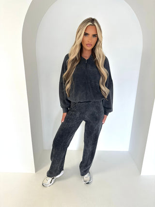 TESSA zip up bomber style jumper straight leg tracksuit ACID WASH DARK GREY