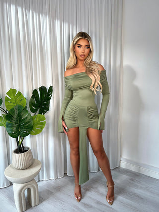 CALLIE off shoulder fold over top ruched drape skirt two piece LIGHT KHAKI