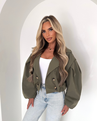 TARA cropped balloon sleeve trench coat KHAKI