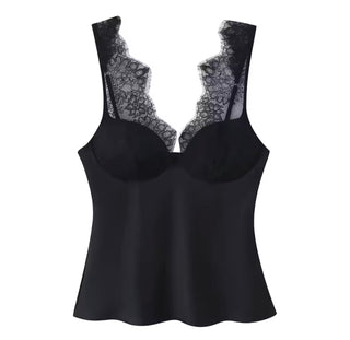 EVELINA lace trim satin cami top BLACK