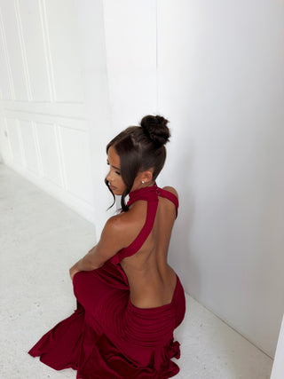 TAMIA high neck ruched drape backless maxi dress BURGUNDY