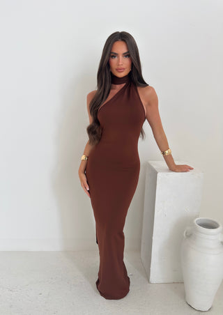 MONACO maxi drape ring detail backless dress BROWN