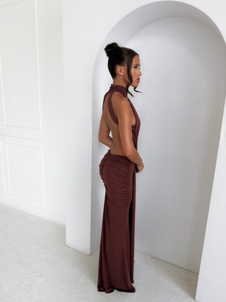TAMIA high neck ruched drape backless maxi dress BROWN