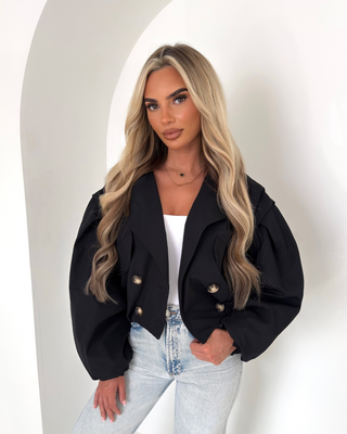 TARA cropped balloon sleeve trench coat BLACK