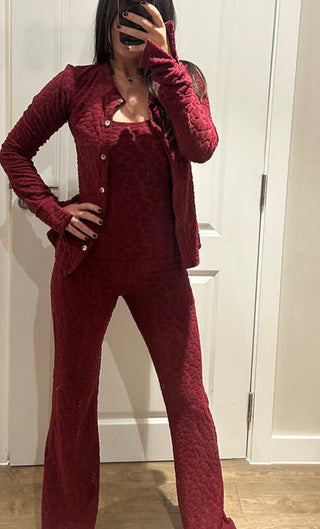 BONNIE leopard towelling high waist flared trousers vest jacket three piece BURGUNDY
