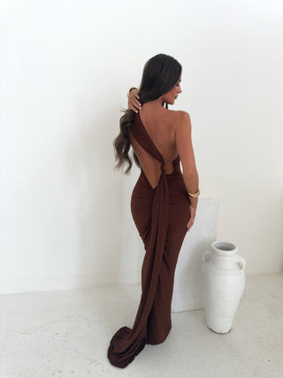 MONACO maxi drape ring detail backless dress BROWN