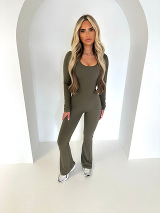 KALLIE long sleeve sculpting ruche bum jumpsuit KHAKI