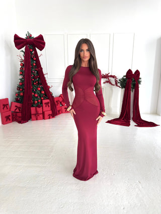 TAHLIA mesh ruched long sleeve maxi BURGUNDY