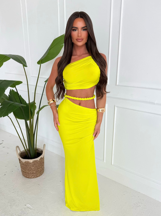 LILA cropped one shoulder rope top & maxi skirt two piece LIME
