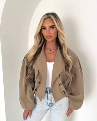 TARA cropped balloon sleeve trench coat TAUPE