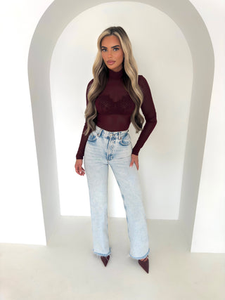 SELENE high neck long sleeve mesh bodysuit BURGUNDY