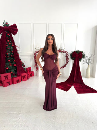 ESTELLE mesh halter neck tie up maxi dress BURGUNDY