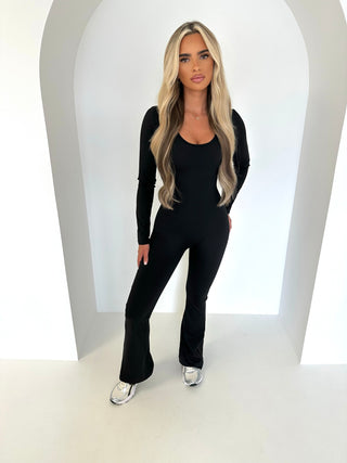 KALLIE long sleeve sculpting ruche bum jumpsuit BLACK