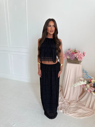LILIANA chiffon ruffle halter neck top & maxi skirt two piece BLACK