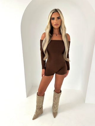 JACIE ribbed knit bardot playsuit BROWN