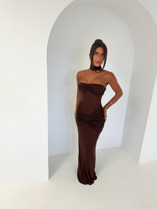 ELISSA bandeau mesh sparkle maxi dress with choker BROWN