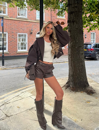 TARA cropped balloon sleeve trench coat BROWN