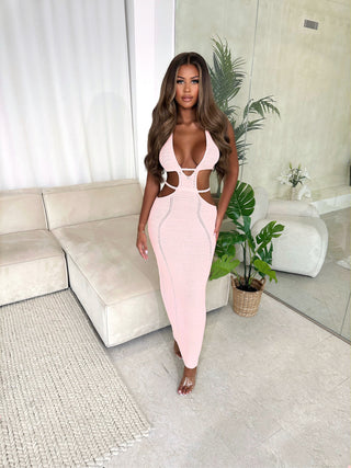 PALMA crochet cut out halterneck maxi dress BABY PINK