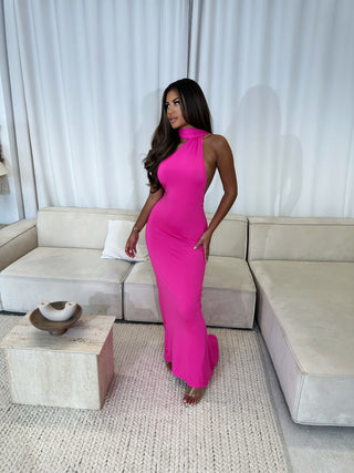 MONACO maxi drape ring detail backless dress PINK