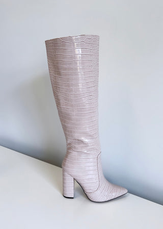 TALIAH faux leather croc knee high heeled boots