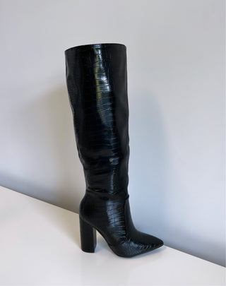TALIAH faux leather croc knee high heeled boots